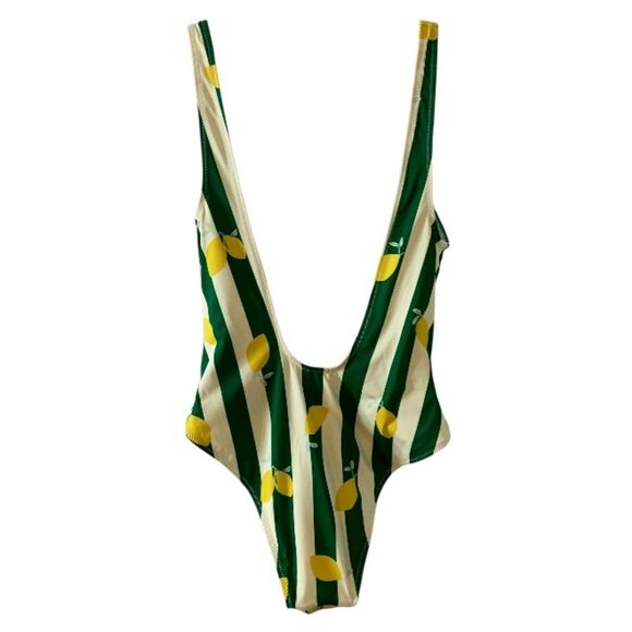 SOLID & STRIPED Lemon Print One-Piece Swimsuit V-Neck Open Back Yellow Green - Picture 8 of 15
